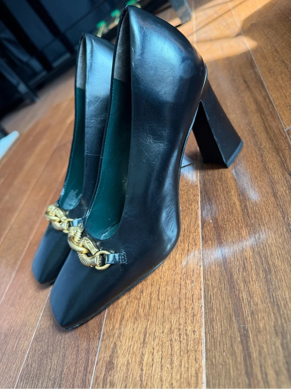 Tory Burch Jessa Black Leather Horse Head Block Heel Pump - Size 6.5